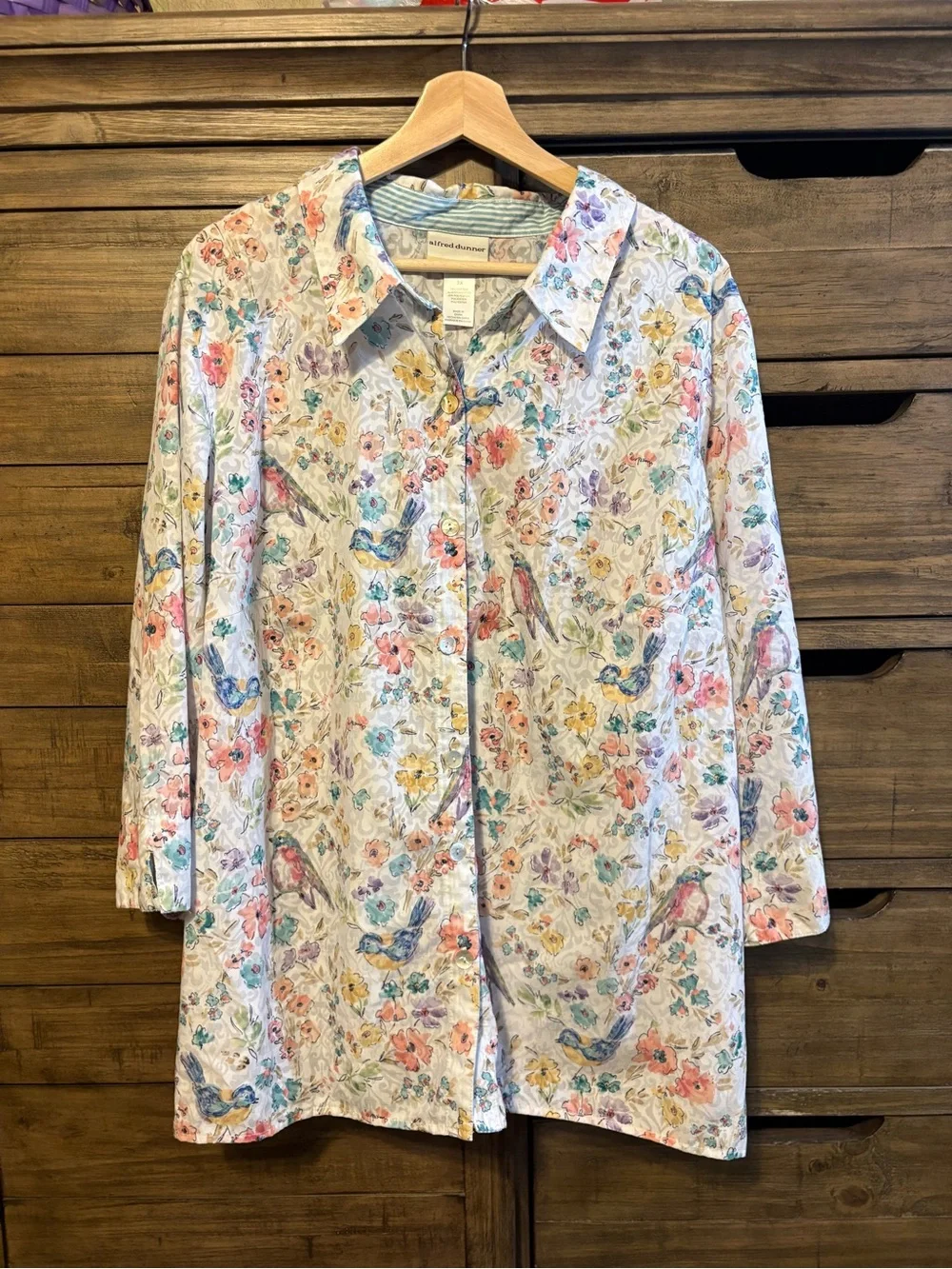 Alfred Dunner 3X Floral Bird Button Down Blouse Cottagecore Spring Plus Size - Picture 3 of 4